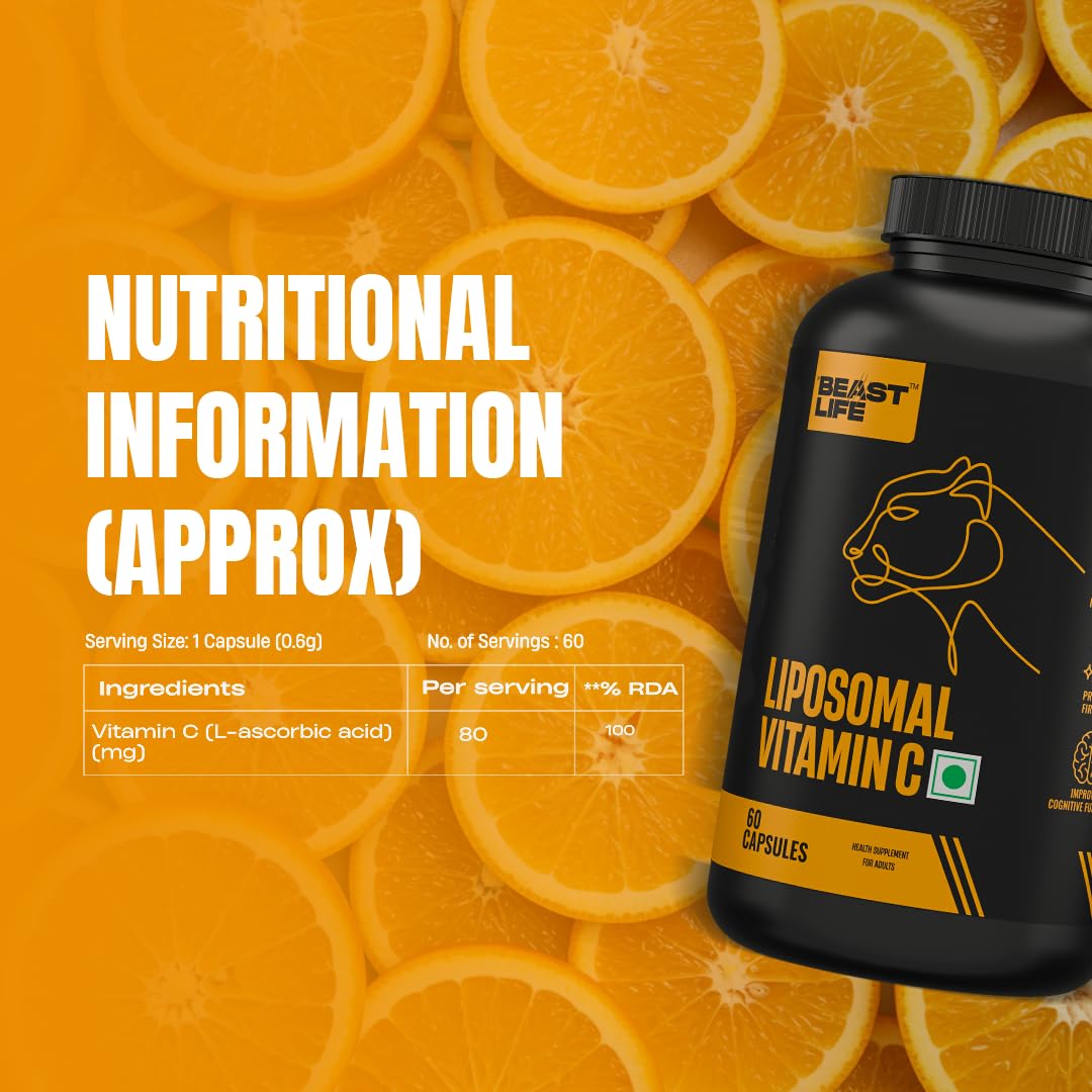 BeastLife Liposomal Vitamin C | Higher bioavailability | Neutralizes free radicals | Promotes firm skin Health | Improve cognitive function Immunity Support– Fast Absorption & Bioavailability | 60 Capsules