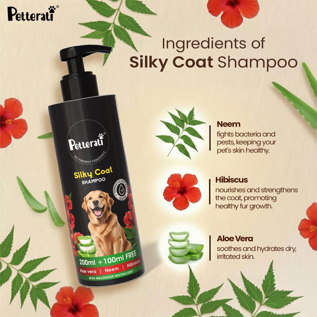 Petterati Silky Coat Dog Shampoo | Aloe Vera, Neem & Hibiscus | Deep Cleansing for Soft, Shiny Coat | 200ml + 100ml Free