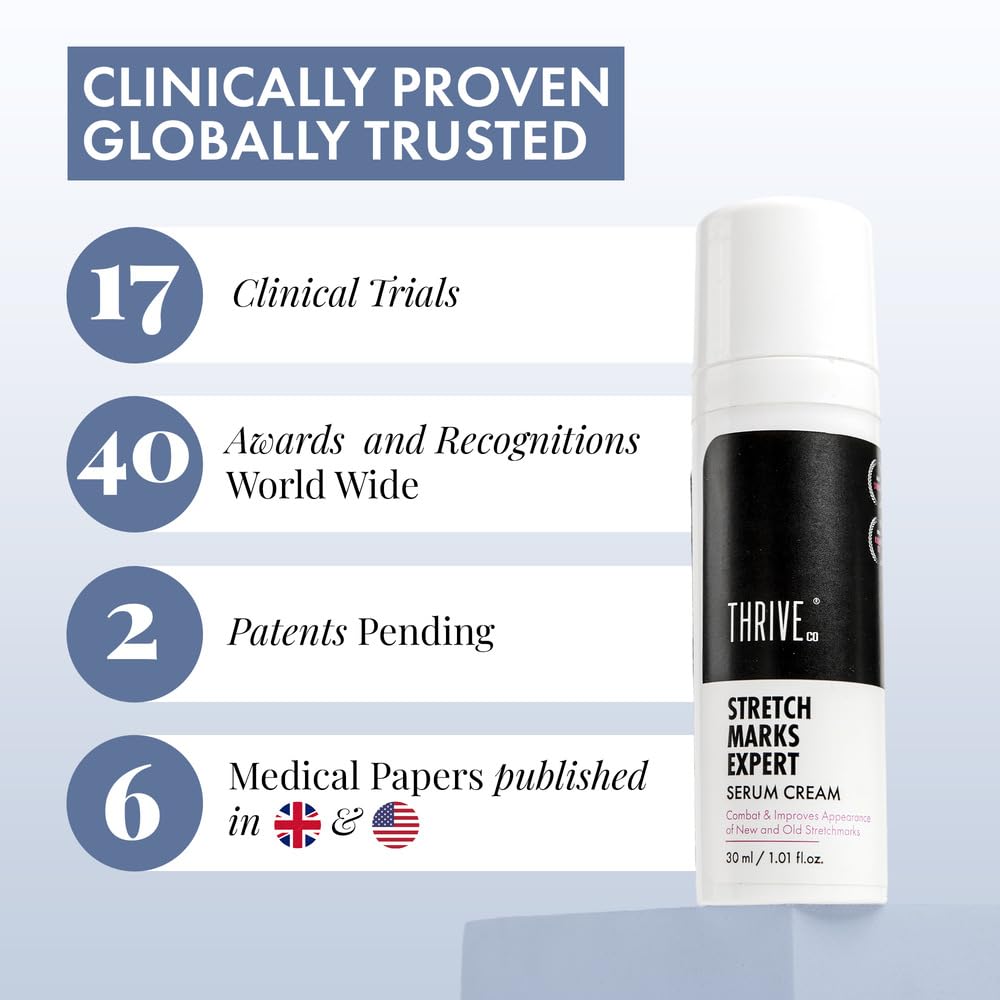 ThriveCo Stretch Marks Expert Serum Cream | Clinically Proven Treatment for New red & Old white Stretch Marks & Scars Removal | Infused with Collarev®, Striover™, Rosehip Oil | Women & Men (Stretch Marks 30ML)