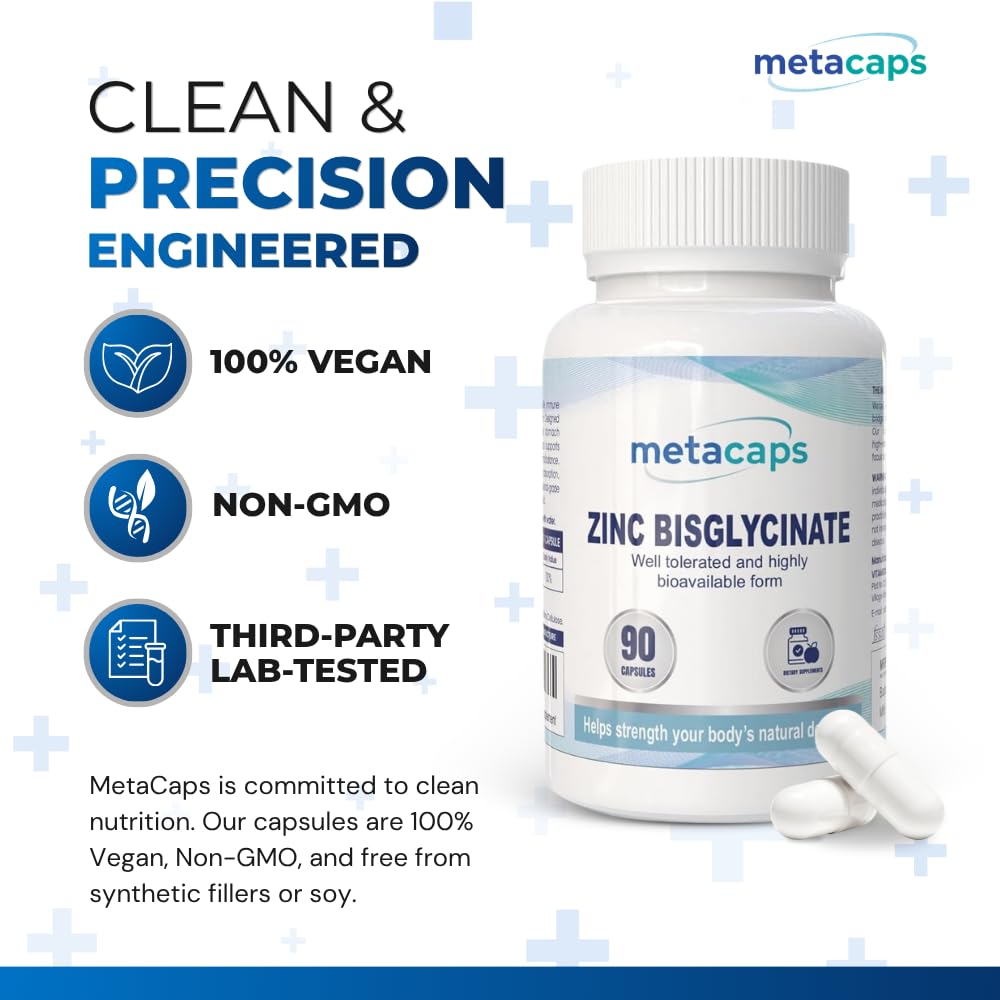 MetaCaps Zinc Bisglycinate – 90 Veg Capsules | High Absorption Chelated Zinc for Maximum Bioavailability | Gentle on Stomach & Non-Nausea Formula | Supports Immune Defense, Skin Health & Hormonal Balance | Vegan & Non-GMO Supplement