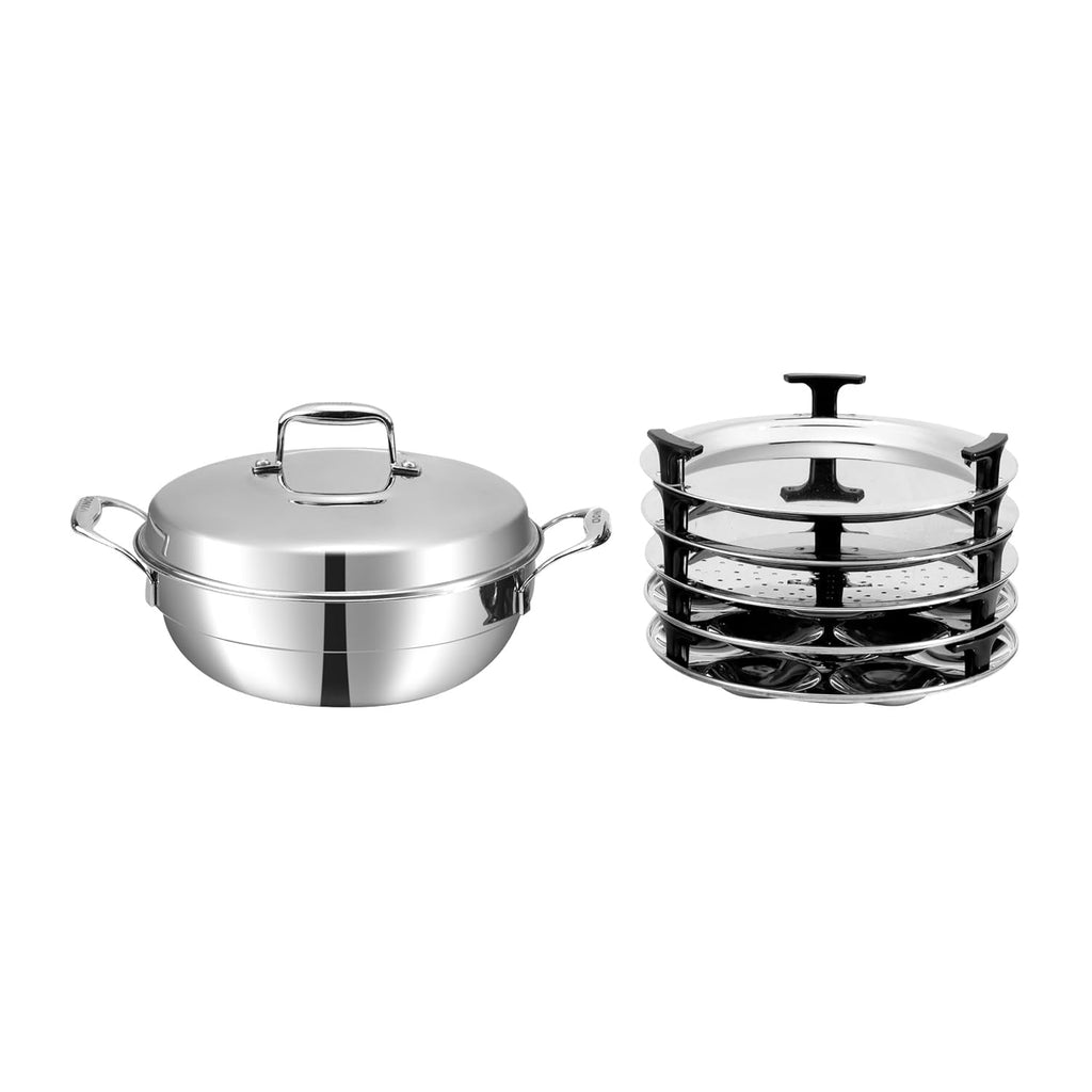 Vinod Platinum Triply Stainless Steel Multipurpose Kadai 26cm 5 Plates 4L Idli Steamer