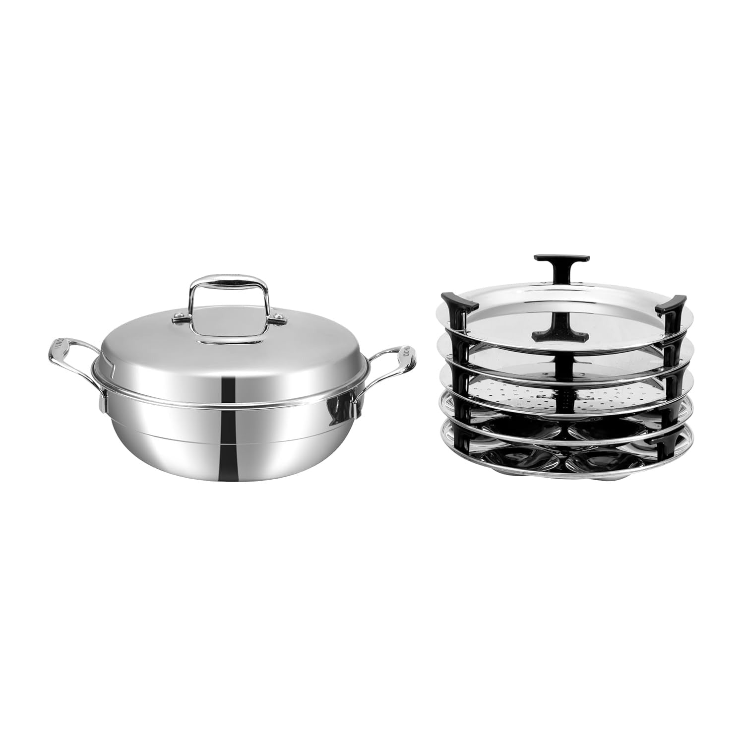 Vinod Platinum Triply Stainless Steel Multipurpose Kadai 26cm 5 Plates 4L Idli Steamer