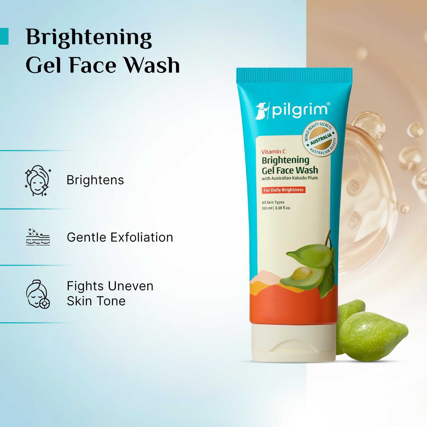 Pilgrim Australian Vitamin C Gel Face Wash for glowing skin with Kakadu Plum & Lime Pearlâ„¢ | Face wash for dry & radiant skin | Women & Men | 100 ml