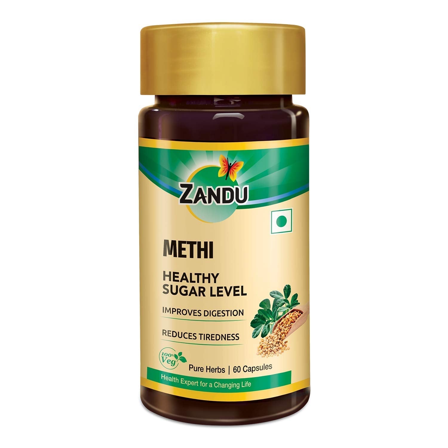 Zandu Methi Capsules (Fenugreek), Extracts of Methi known for High Content of Fibers and Antioxidants, Helps to Flush out Toxins from Body & Helps Maintain Healthy Sugar Levels - (60 Veg Capsules)