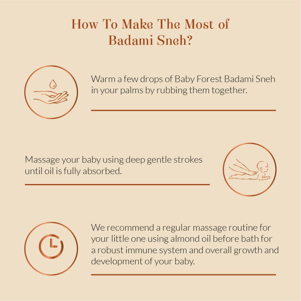 Baby Forest Badami Sneh Cold Pressed Almond Oil for Babies | Organic & Natural Baby Massage Oil for Skin, Hair & Body | Derma Safe, Non-Sticky, BPA-Free, Cruelty-Free | 200ml | Ayurvedic Baby Oil
