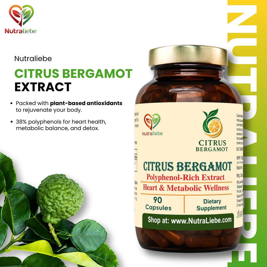 Nutraliebe Citrus Bergamot Extract 500 mg – Citrus bergamia Standardized to 38% Polyphenols | Heart, Cholesterol & Metabolic Health Support | Antioxidant & Detox Formula | 90 Veg Capsules | Non-GMO & Gluten-Free
