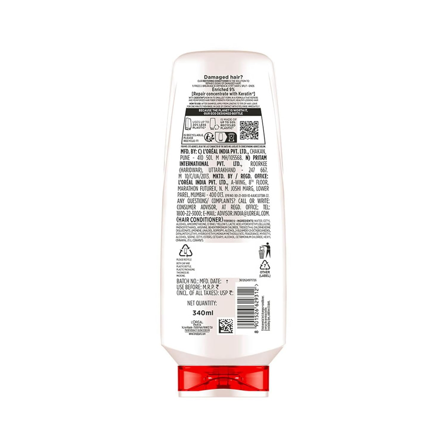 L'Oreal Paris Total Repair 5 Conditioner For Damaged Hair | Powered by Keratin XS Technology| Fights 5 Signs of Hair Damage- Frizz, Breakage, Dryness, Stiff Hair, and Split ends | 340 ml