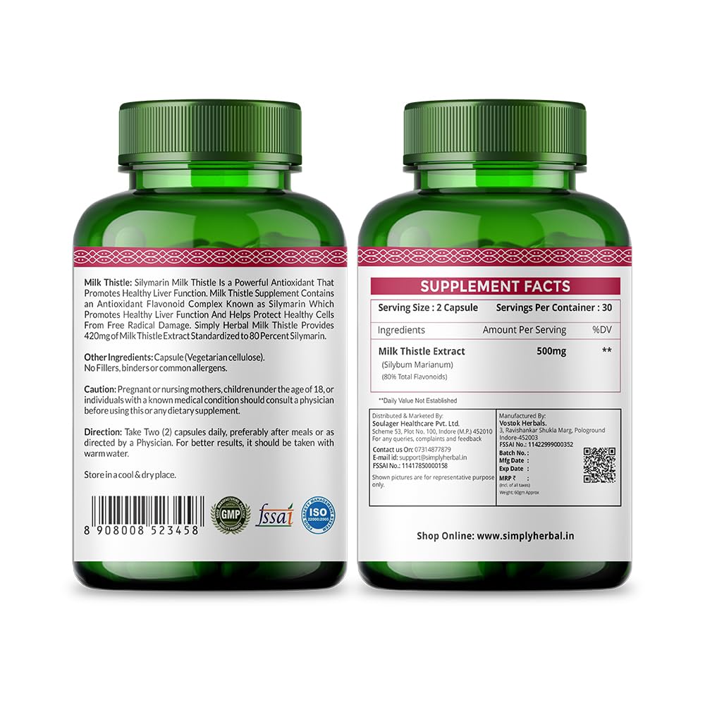 Simply Herbal Milk Thistle Extract 800mg with Silymarin â€“ 60 Vegetarian Capsules | Liver Support Formula | Herbal Supplement for Wellness