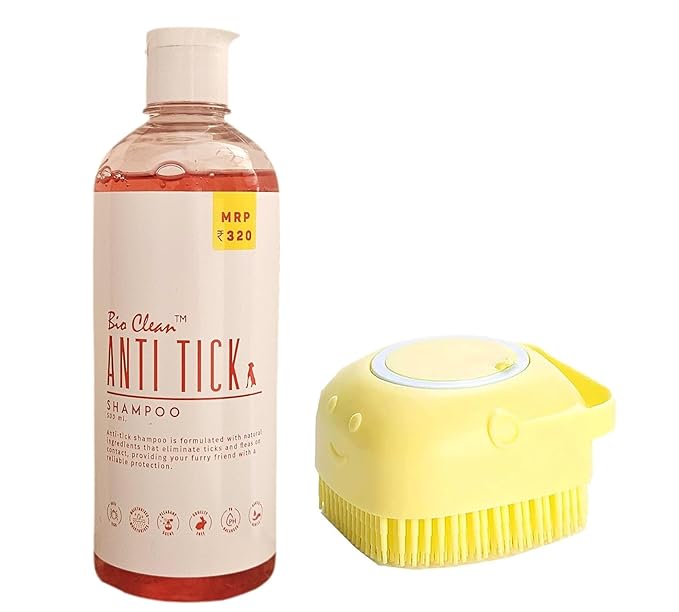 Pet Needs Bio Clean Anti Tick Dog Shampoo With Soft Silicone Shampoo Dispenser Brush | Moisturising and Gentle on Skin | 500 Ml