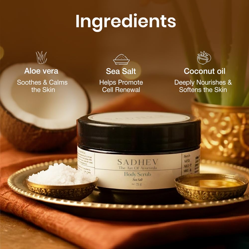 Sadhev Ayurvedic Sea Salt Body Scrub | Exfoliates, Detoxifies & Revitalizes | Enriched with Coconut Oil & Aloe Vera | For Smooth, Radiant Skin | All Skin Types (75g)