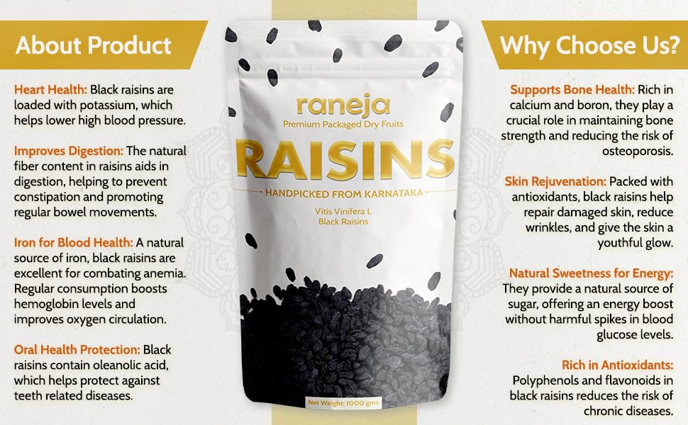 Raneja Premium Afghani Seedless Black Raisins | High in Antioxidant Kali Kishmish/Kismis Dry Fruits, Healthy Snacks | Rich in Fiber & Potassium | Naturally Sweet & Tasty