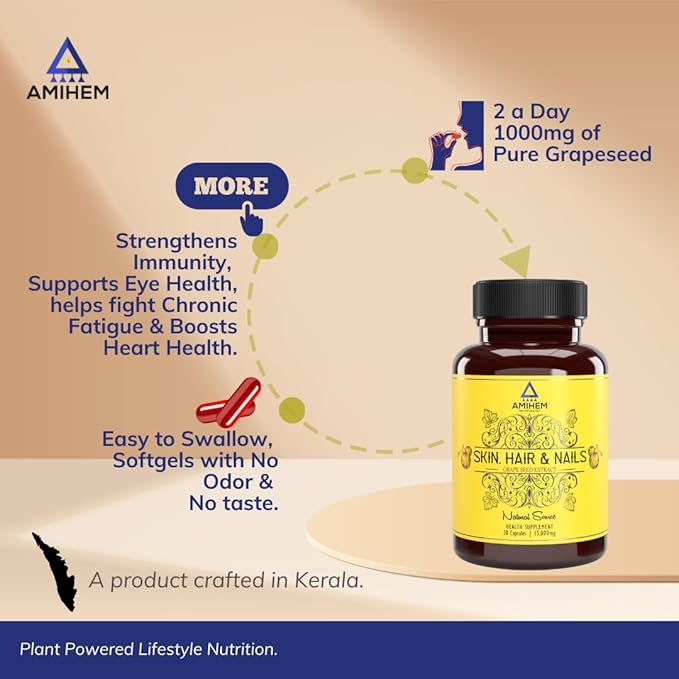 Amihem Grape Seed Extract Capsules | 15000 Mg Per Serving - 30 Capsules (Pack of 3)