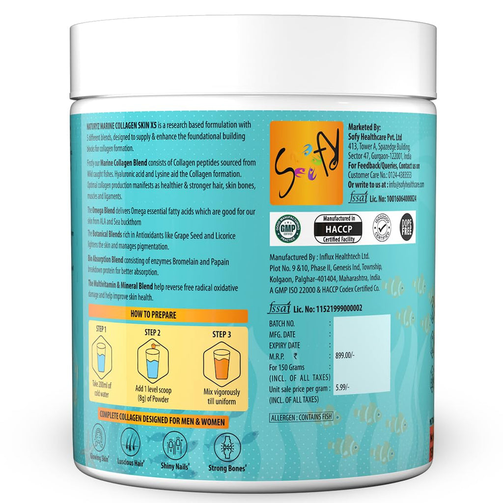 NATURYZ Marine Collagen Skin X5 for Women & Men | Premium Collagen Peptides | Power of 5 Blends | Hyaluronic acid, Biotin & Vitamin E | Supports Skin Radiance, Healthy Hair, Nails, Bone & Joints â€“ 150g(Lemon Flavour)