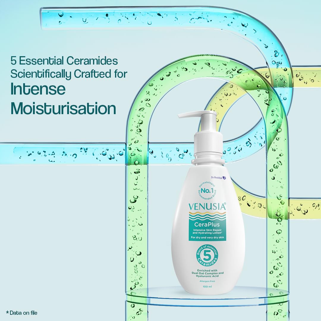 Dr. Reddy's Venusia CeraPlus Moisturizing Lotion For Dry Skin - Formulated With 5 Essential Ceramides, Oat Complex, Hyaluronic Acid | Hypoallergenic and Fragrance-Free | 100ml
