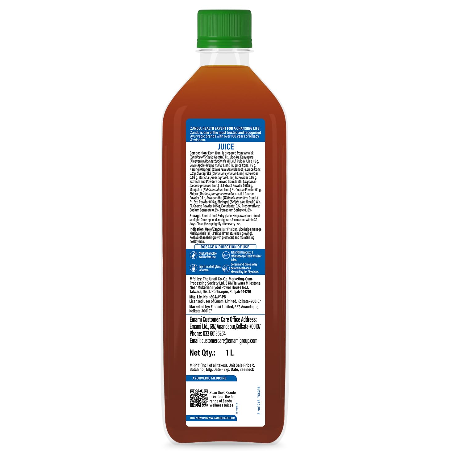 Zandu Hair Vitalizer Juice | Made With 11 Ayurvedic Ingredients, 100% Natural Actives, Vegetarian | 1L