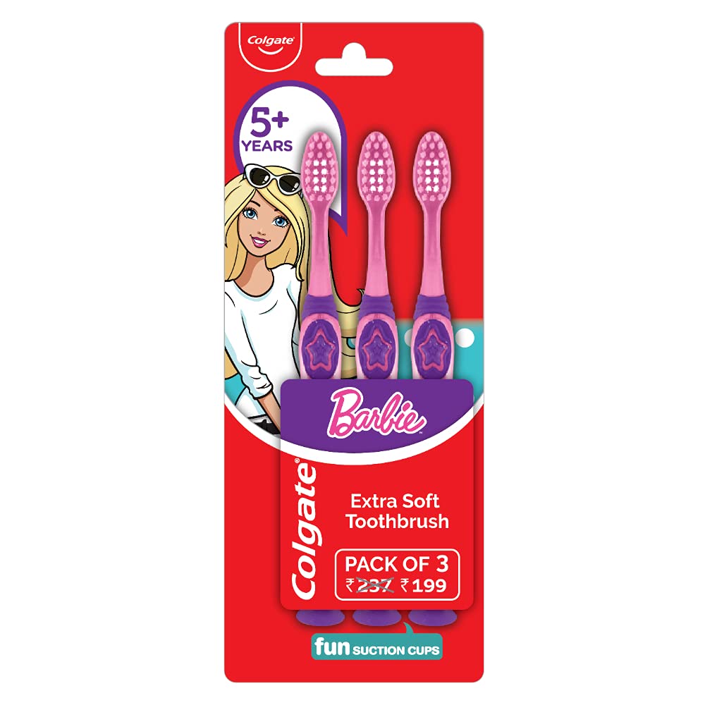 Colgate Kids Barbie Toothbrush, Extra Soft with Tongue Cleaner (Pack of 3) & Colgate Batman Anticavity Toothpaste For Kids - 80g (Bubble Fruit Flavour)
