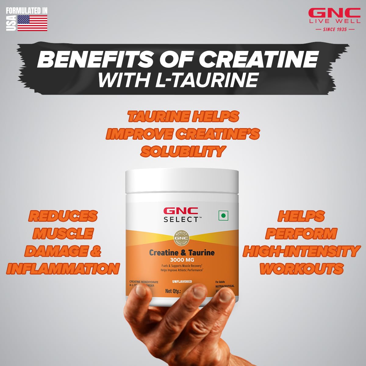 GNC Pure Micronized Creatine Monohydrate + Taurine | 100 gm | 33 Serving | Unflavoured | Instantized | Fuels Muscles | Increase Muscle Mass | Rapid Absorption | Faster Muscle Building| Lab Tested | Faster Muscle Recovery| Boost Performance | Imported