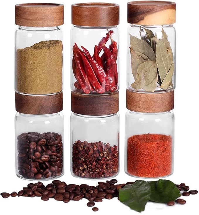 Femora Kitchen Storage Jars Borosilicate Glass With Wooden Lid Air Tight Jar | 350 Ml | Pack of 6 | Transparent
