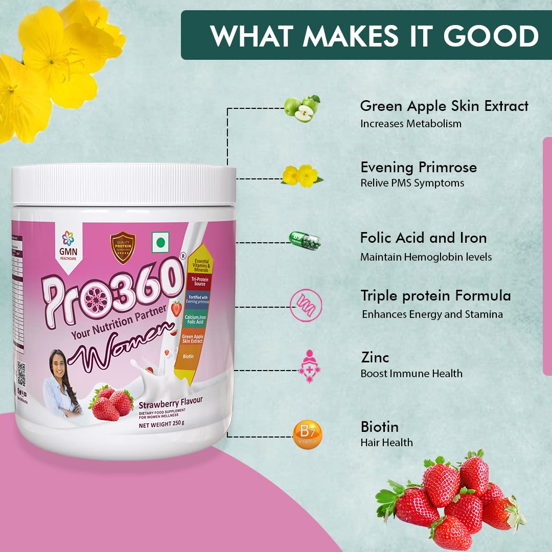 Pro360 Women Protein Rich Nutritional Supplement Enriched with Calcium, Iron for Stronger Bones and Improved Haemoglobin â€“ 25 Essential Nutrients with Evening Primrose â€“ Butterscotch Flavor â€“ 250G