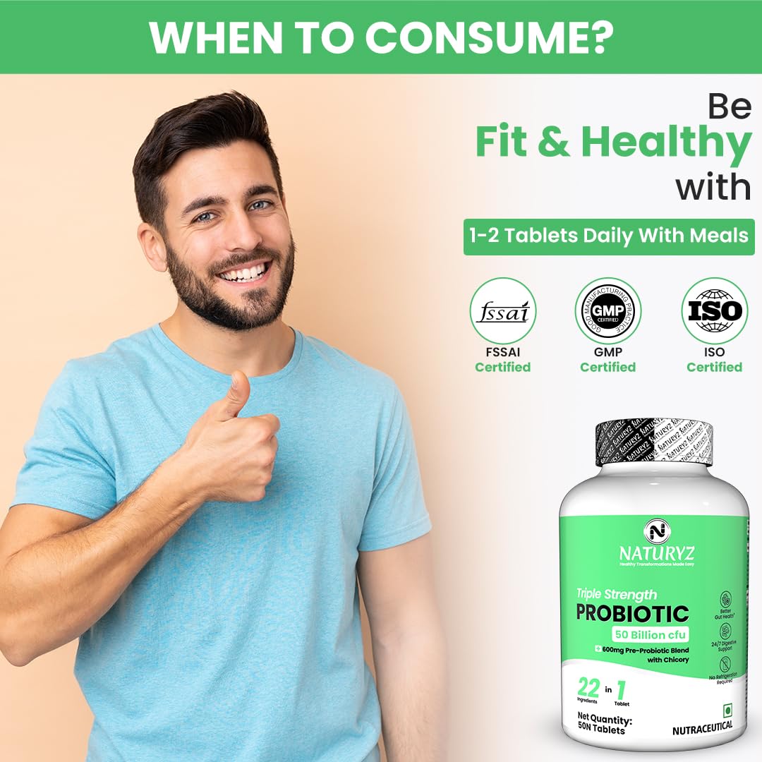 NATURYZ Triple Strength Probiotic 50 Billion CFU with Prebiotic 600 mg Chicory Root | 22 Nutrients for Gut Health | Supports Digestion, Constipation, Diarrhea, Gas & Bloating | No Refrigeration | 50 Tablets