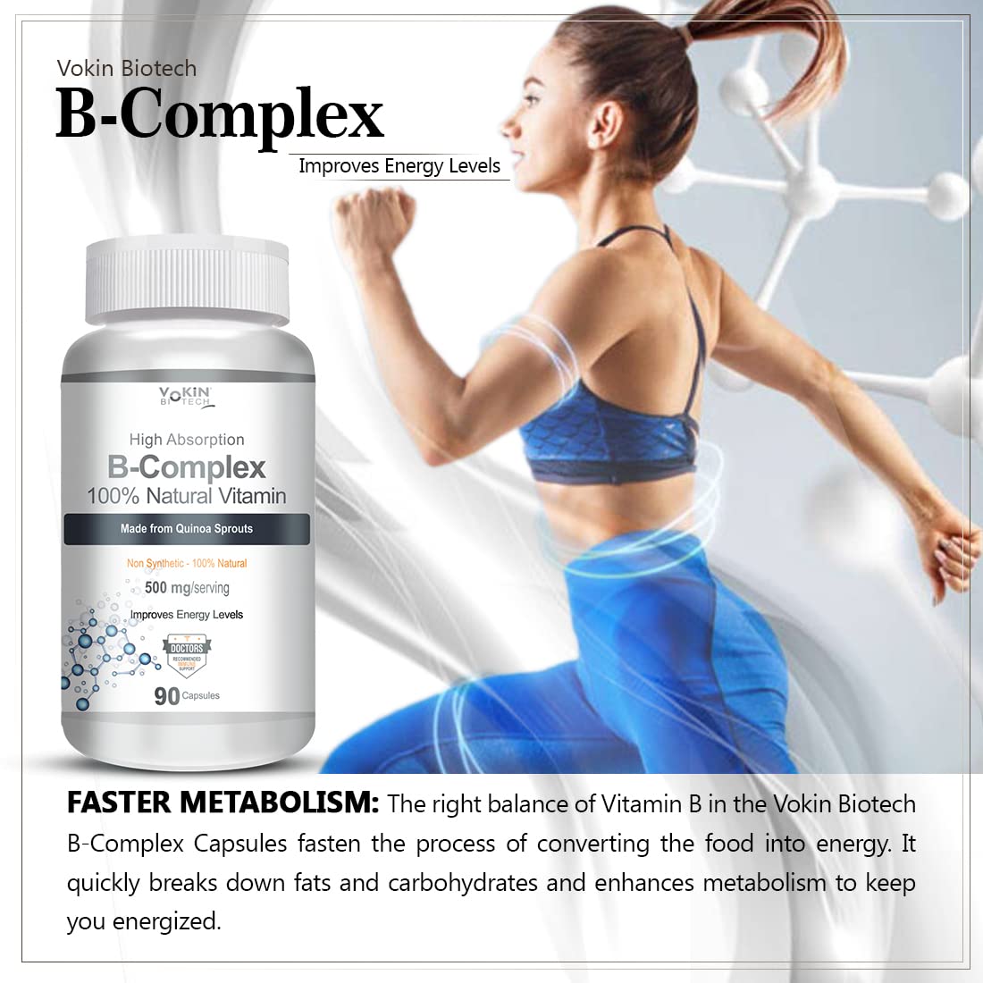 Vokin Biotech 100% Natural Vitamin B-Complex - Quinoa Sprout - 90 Capsules