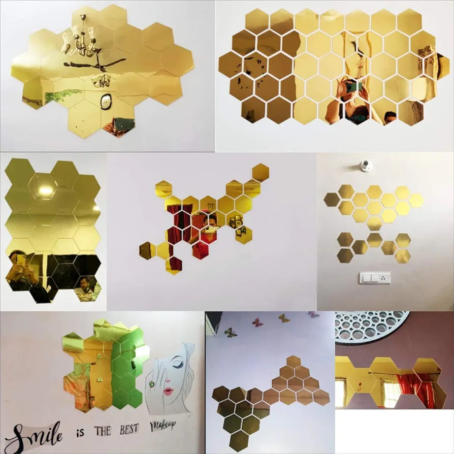 Bikri Kendra Hexagon 20 Golden Stickers for Wall Hexagon Mirror Acrylic Mirror Sticker Hexagonal Wall Sticker