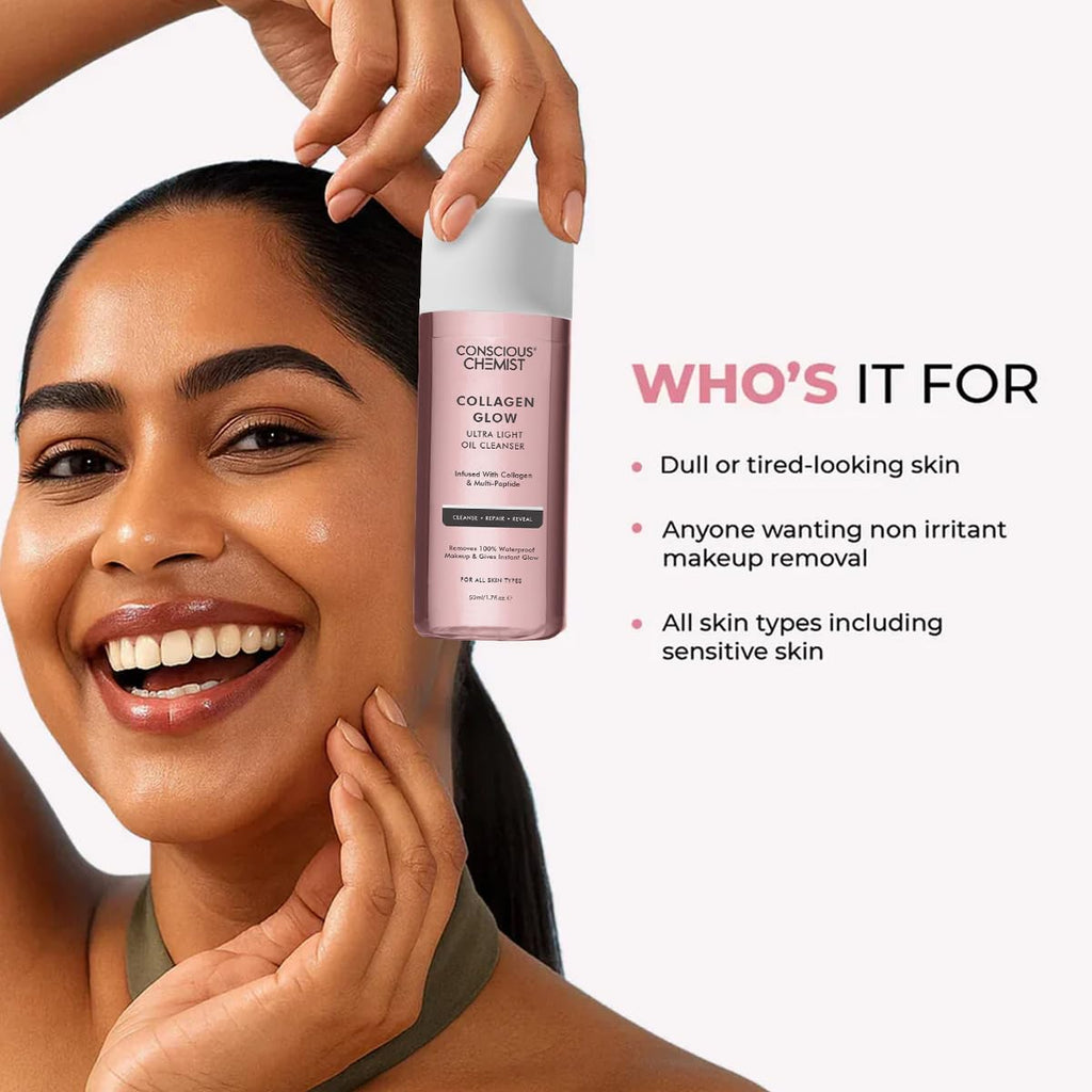 Conscious Chemist® Collagen Glow Ultra Light Oil Cleanser | 50ml | Makeup Remover & Nourishing Oil Cleanser with Hydrolyzed Collagen & Peptides | Improves Elasticity, Smooths Texture & Supports Skin Barrier | For Men & Women, All Skin Types