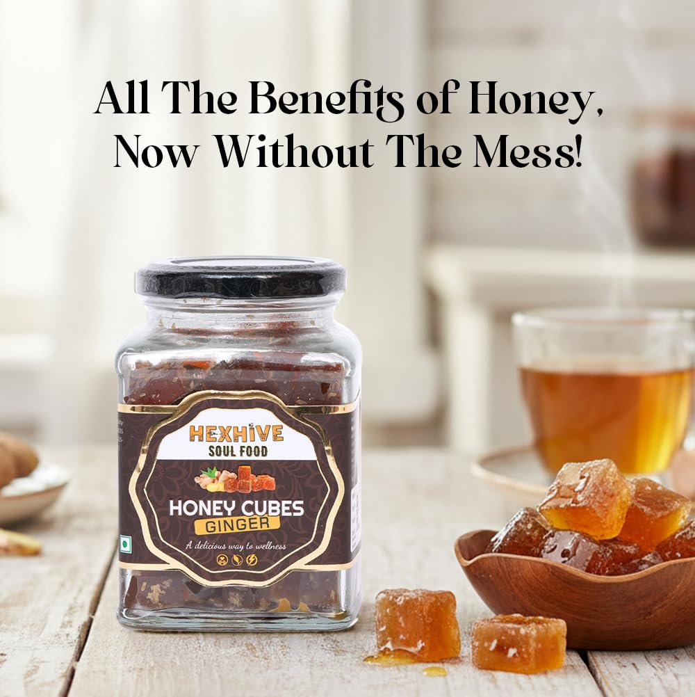 Hexhive Ginger Honey Cubes | Pure Honey with Real Ginger Extract | No Added Sugar | Immunity Boost | Travel-Friendly Cubes for Tea, Coffee & Detox Drinks | Wellness Snack | 300g