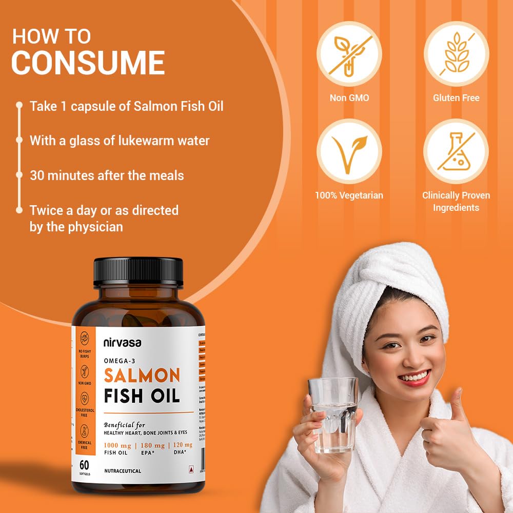 Nirvasa Omega-3 Salmon Fish Oil Capsules (1000mg, 60 Softgels) | High-Potency 180mg EPA & 120mg DHA | Supports Heart, Brain, Eye & Bone Health | No Fishy Burps | For Men & Women