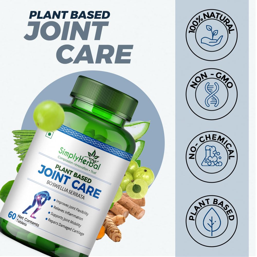 Simply Herbal Plant-Based Joint Care & Joint Support Tablets | Moringa, Boswellia Serrata, Eucalyptus, Green Amla, Green Turmeric, Alfalfa, Aloe Vera | 60 Tablets