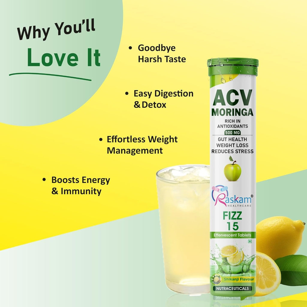 ACV Moringa Effervescent Tablets | 15 Tablets, 500mg Natural Energy & Immunity Booster with Antioxidants (Shikanji) Pack of 1