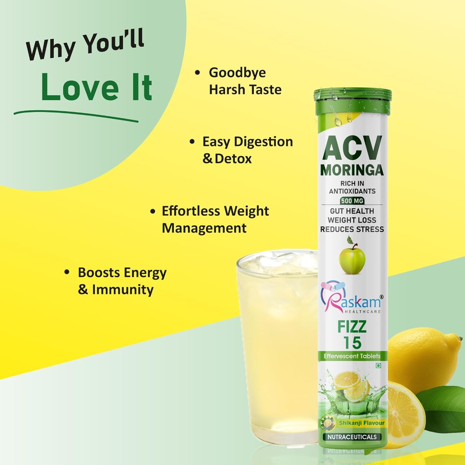 ACV Moringa Effervescent Tablets | 15 Tablets, 500mg Natural Energy & Immunity Booster with Antioxidants (Shikanji) Pack of 1