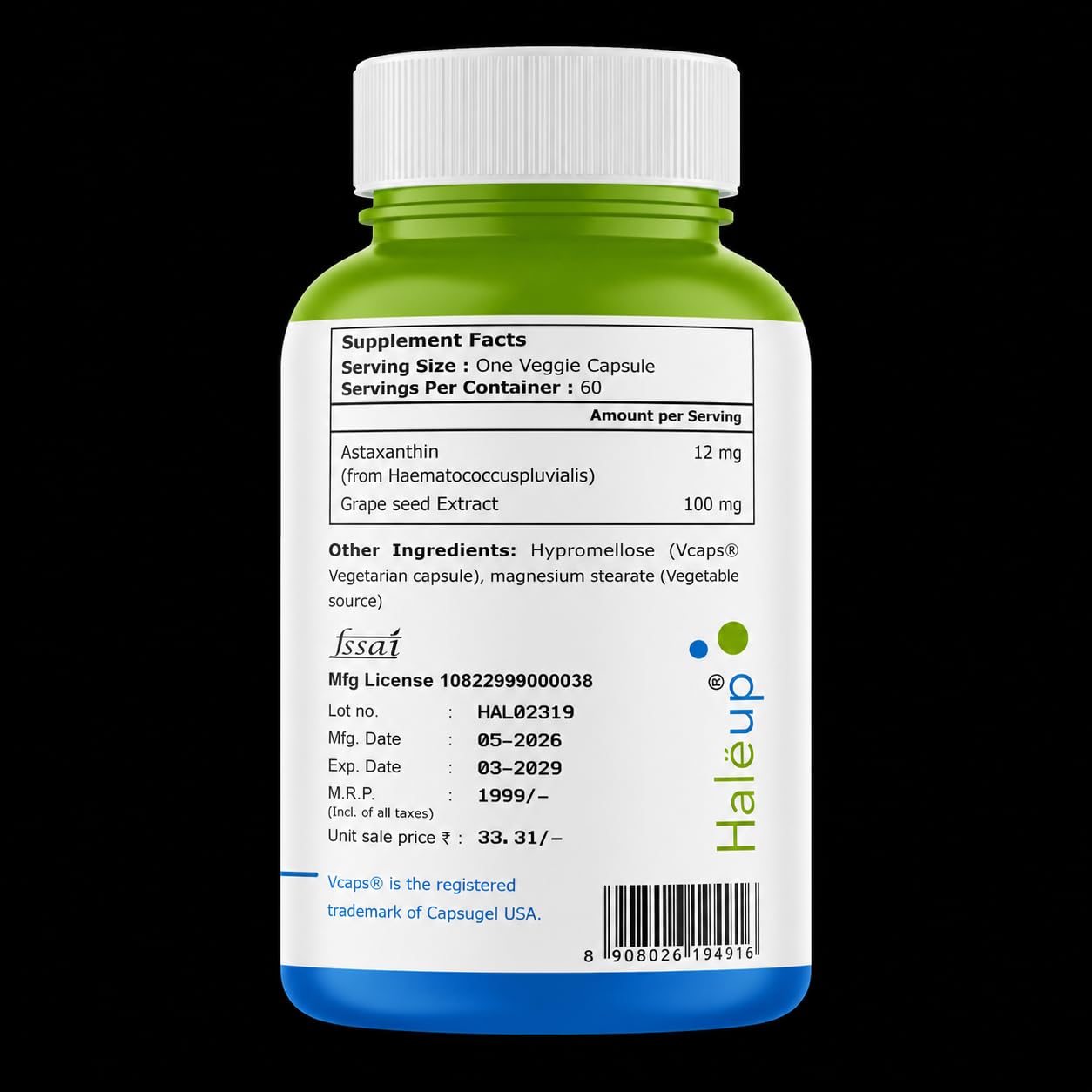 Haleup Plant Based Astaxanthin 12 mg with Grape Seed Supplement I 60 Veg Capsules I Supports Eye, Joint & Skin Health I Boosts Immune System