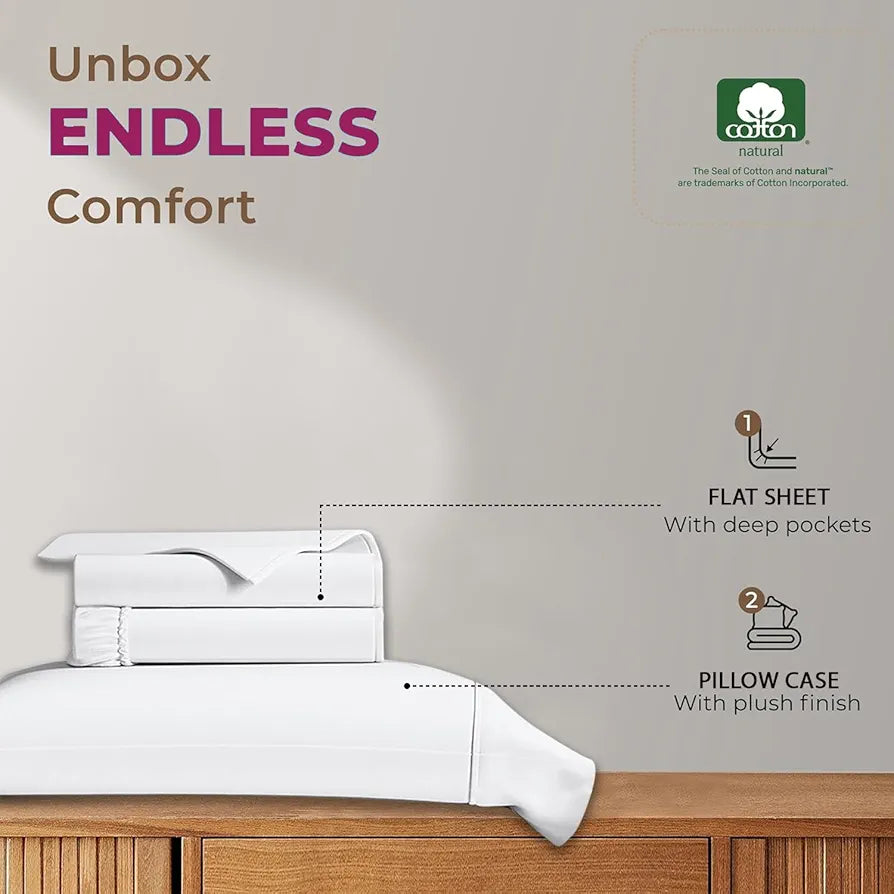 Trance Home Linen 100% Cotton 78x60 inch Queen Elastic Fitted Bedsheet 400TC Premium Queen Double Bed Size with 2 Pillow Covers Colour Plain White