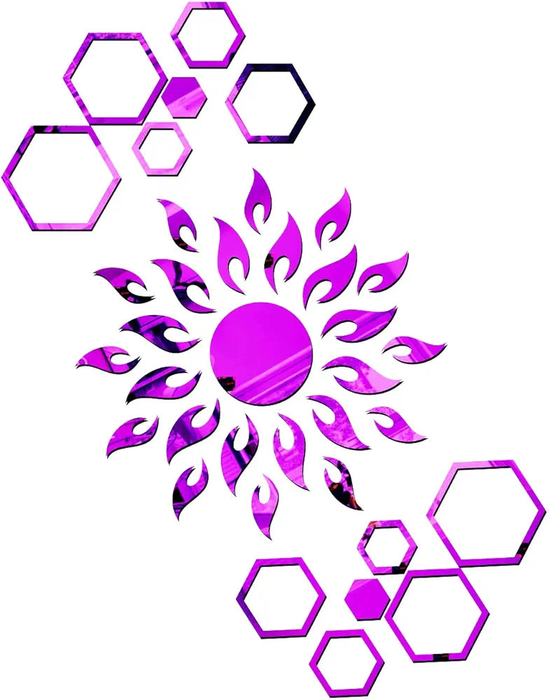 Bikri Kendra Ind Sun with 12 Hexagon Rings  Mirror Stickers for Wall, Acrylic Sticker for Wall