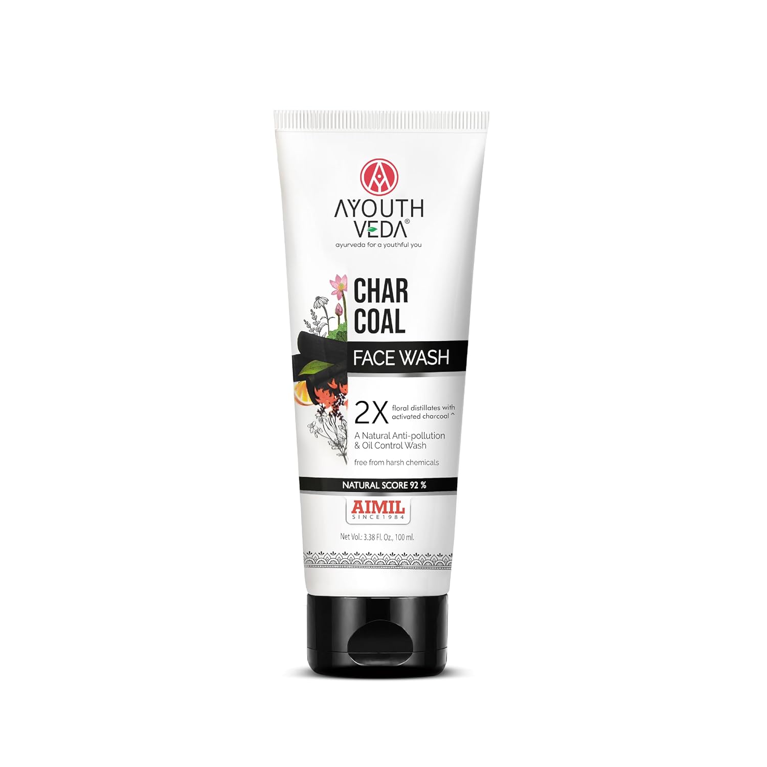 Ayouthveda Activated Charcoal Face Wash | Bamboo Charcoal & Floral Distillates | Deep Cleansing, Anti-Pollution, Oil Control & Brightening | Ayurvedic Non-Drying Cleanser | Maintains Skin Moisture Balance | For Men & Women | 100ml (Pack of 1)