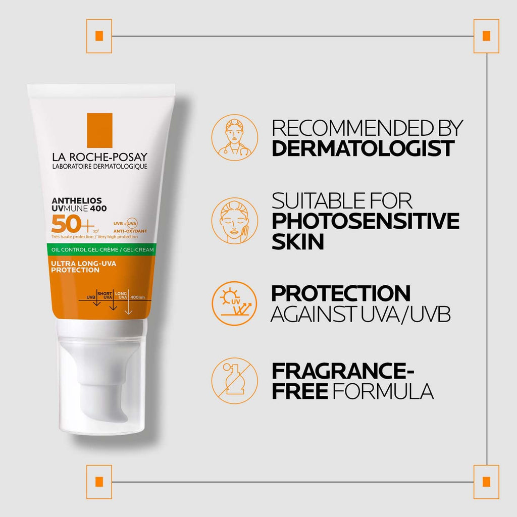 La Roche-Posay Anthelios Sunscreen UVMUNE400 Oil Control Gel Cream SPF50+ |Matte finish Invisible Sunscreen for Oily, Blemish & Acne-Prone Skin, 50 ml