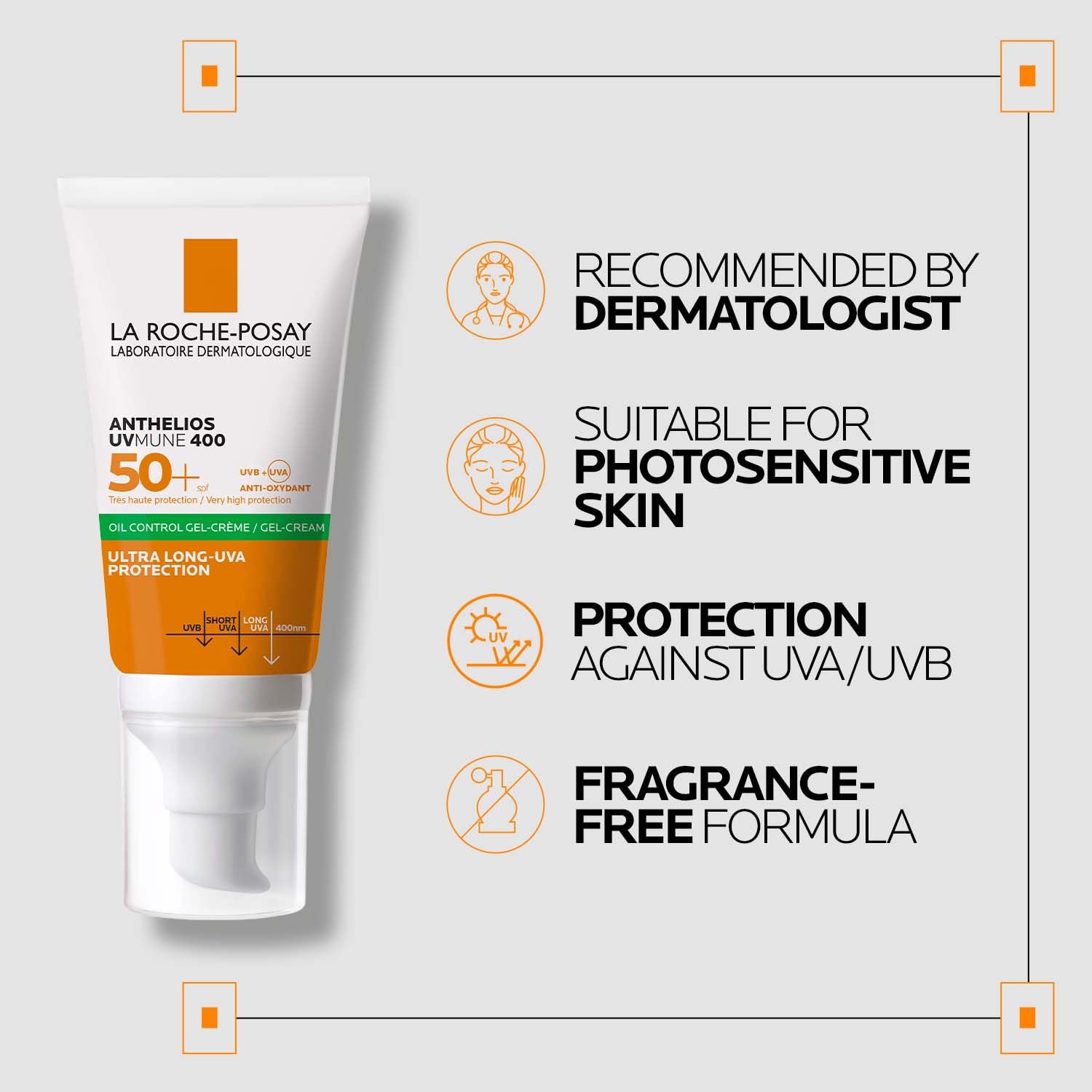 La Roche-Posay Anthelios Sunscreen UVMUNE400 Oil Control Gel Cream SPF50+ |Matte finish Invisible Sunscreen for Oily, Blemish & Acne-Prone Skin, 50 ml