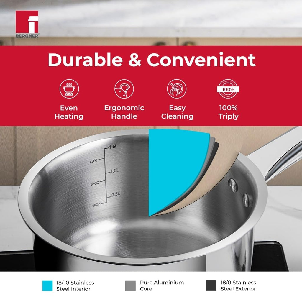 Bergner Tripro Triply Stainless Steel 14cm Saucepan With Stainless Steel Lid | 1.2 L Sauce Pan