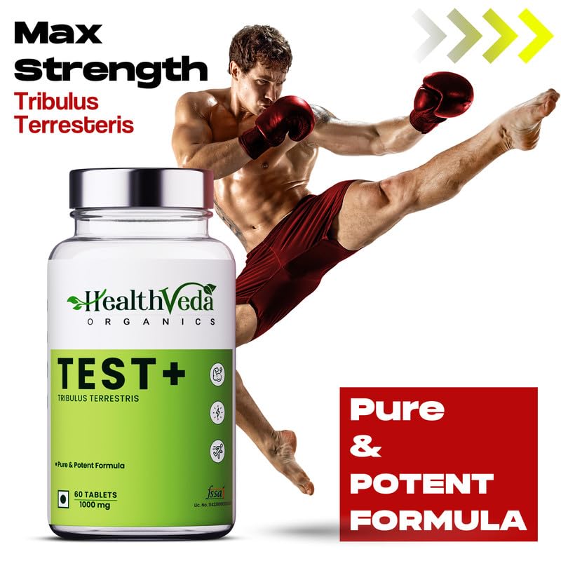HEALTH VEDA ORGANICS PRIVATE LIMITED Plant Based Test + | 1000 Mg, With Ashwagandha, Tribulus Terrestris, Ginkgo Biloba & Safed Musli - 60 Veg Tablets