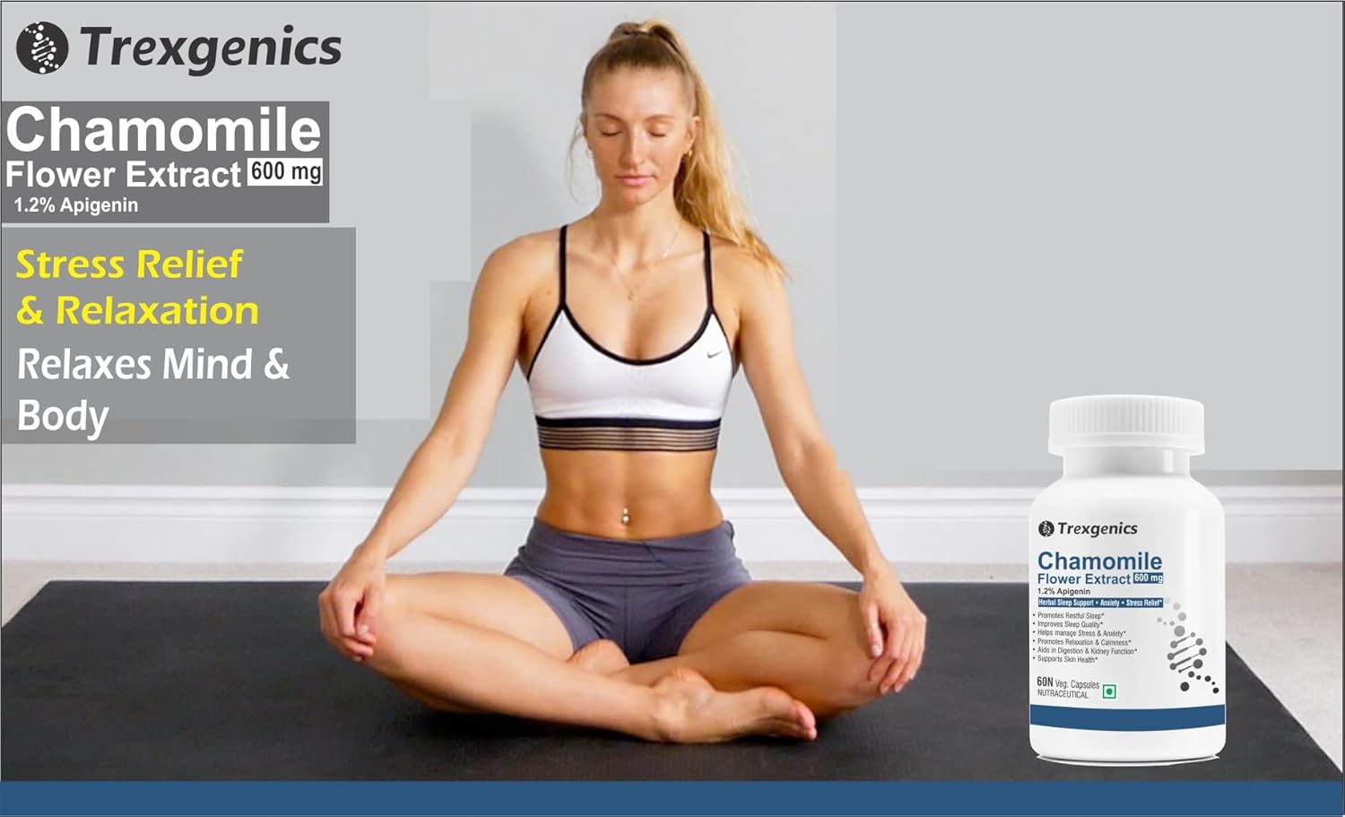 Trexgenics CHAMOMILE 1.2% Apigenin 600 mg Sleep, Relexation, Kidney & Urinary tract support VEGAN & NON-GMO (60 Veg. Capsules) (Pack of 1)