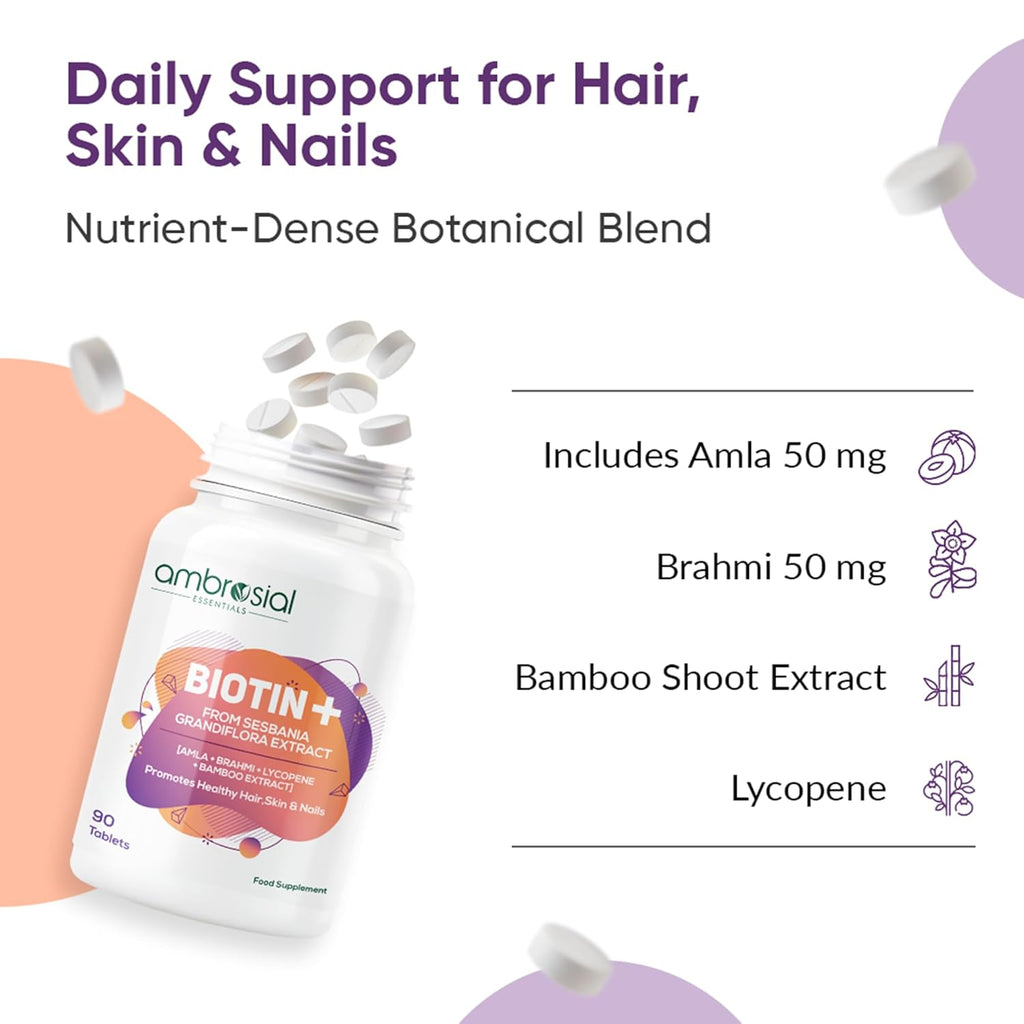 Ambrosial Biotin Tablets with Amla, Brahmi & Bamboo Extract | Plant-Based Biotin Supplement for Hair, Skin & Nails | Vegetarian Formula â€“ 90 Tablets