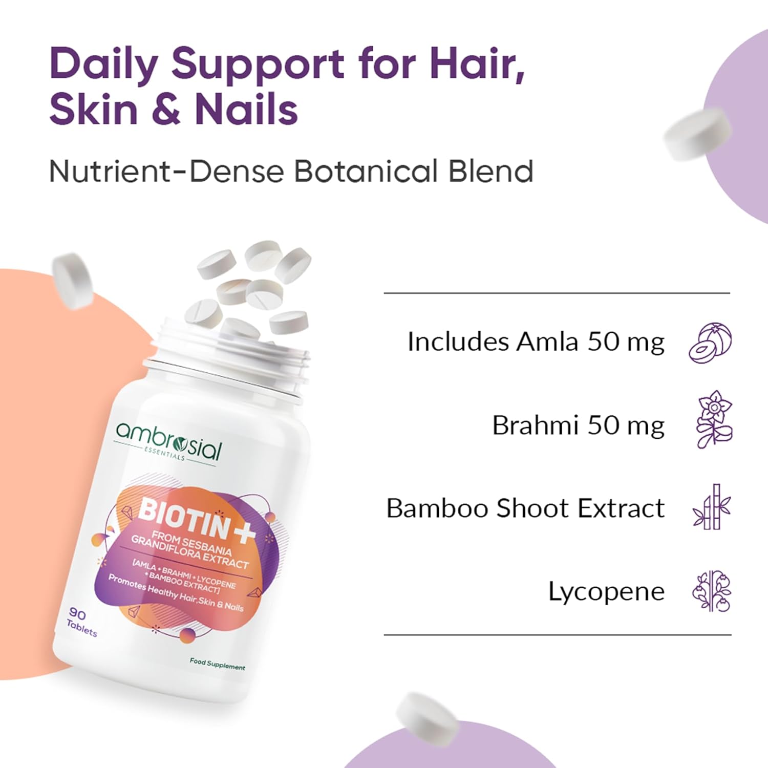 Ambrosial Biotin Tablets with Amla, Brahmi & Bamboo Extract | Plant-Based Biotin Supplement for Hair, Skin & Nails | Vegetarian Formula â€“ 90 Tablets
