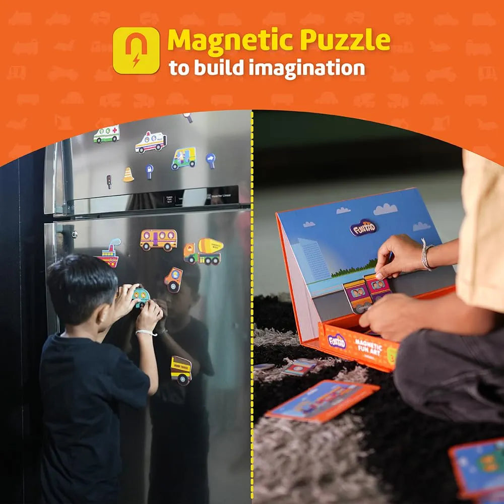 Funtad Magnetic Fun Art Puzzle Vehicles 4-in-1 Travel Friendly Educational Toy with Writable Board 50 Magnetic Pieces with for Boys & Girls Age 3,4,5 & 6 yrs