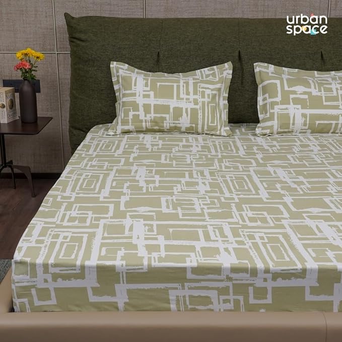 Urban Space Serene Bedsheet for Double Bed 2 Pillow Covers (Colour Checkers Green)
