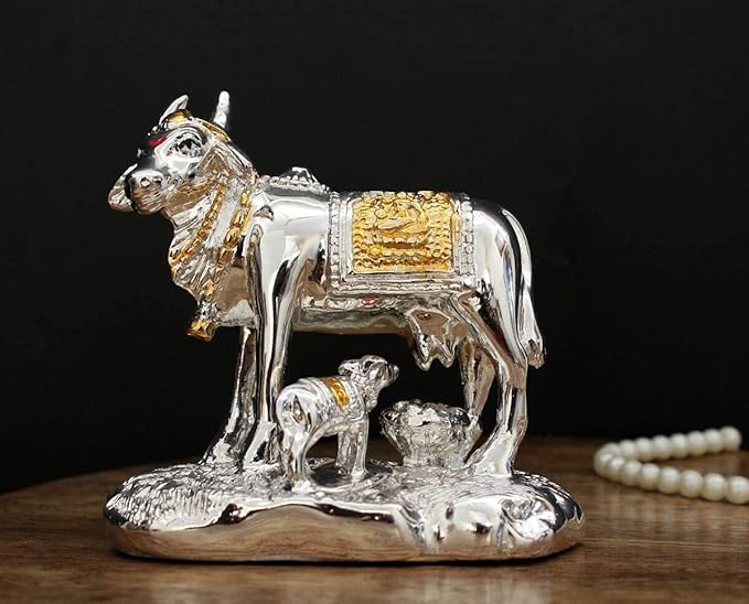Indicast Resin Gold & Silver Plated Cow Idol With Calf Murti for Office Table and Home Decor & Gifts