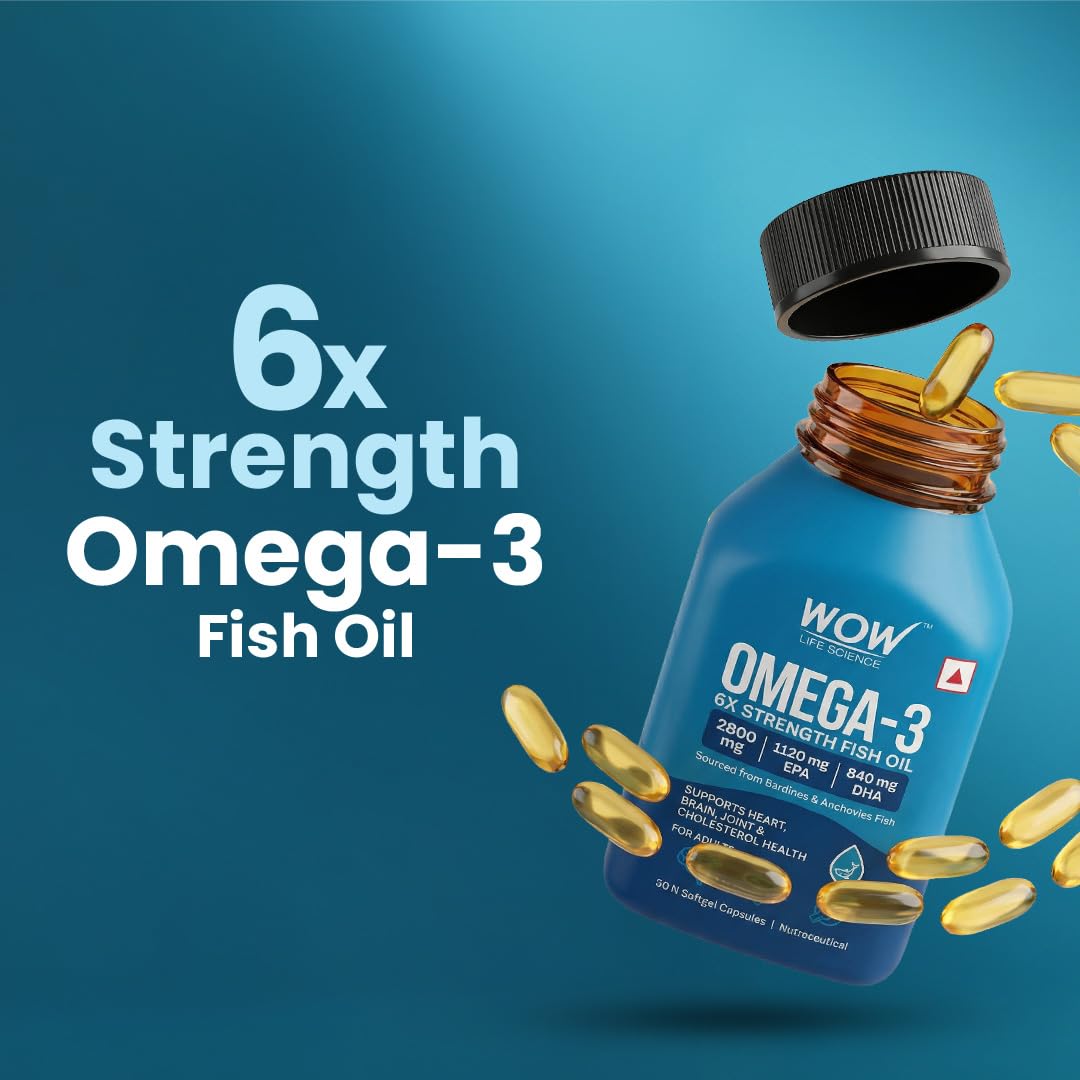 WOW Life Science Omegaâ€‘3 6X Strength Fish Oil Softgel Capsules | 2800 mg Fish Oil with 1120 mg EPA & 840 mg DHA | Supports Heart, Brain & Joint Health | Sourced from Sardines & Anchovies | 30 Softgel Capsules