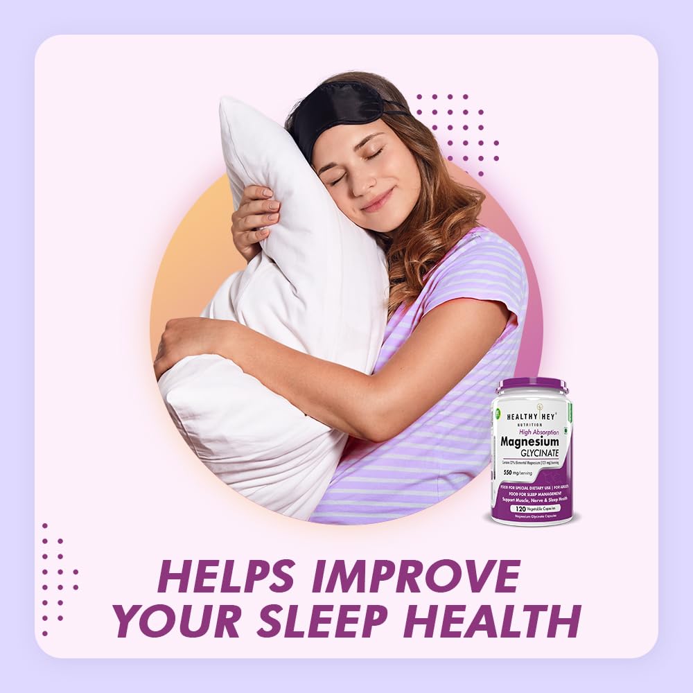 HealthyHey Nutrition Magnesium Glycinate Supplement High Absorption for Sleep, Cramps, & Nerves Health -120 Vegetable Capsules
