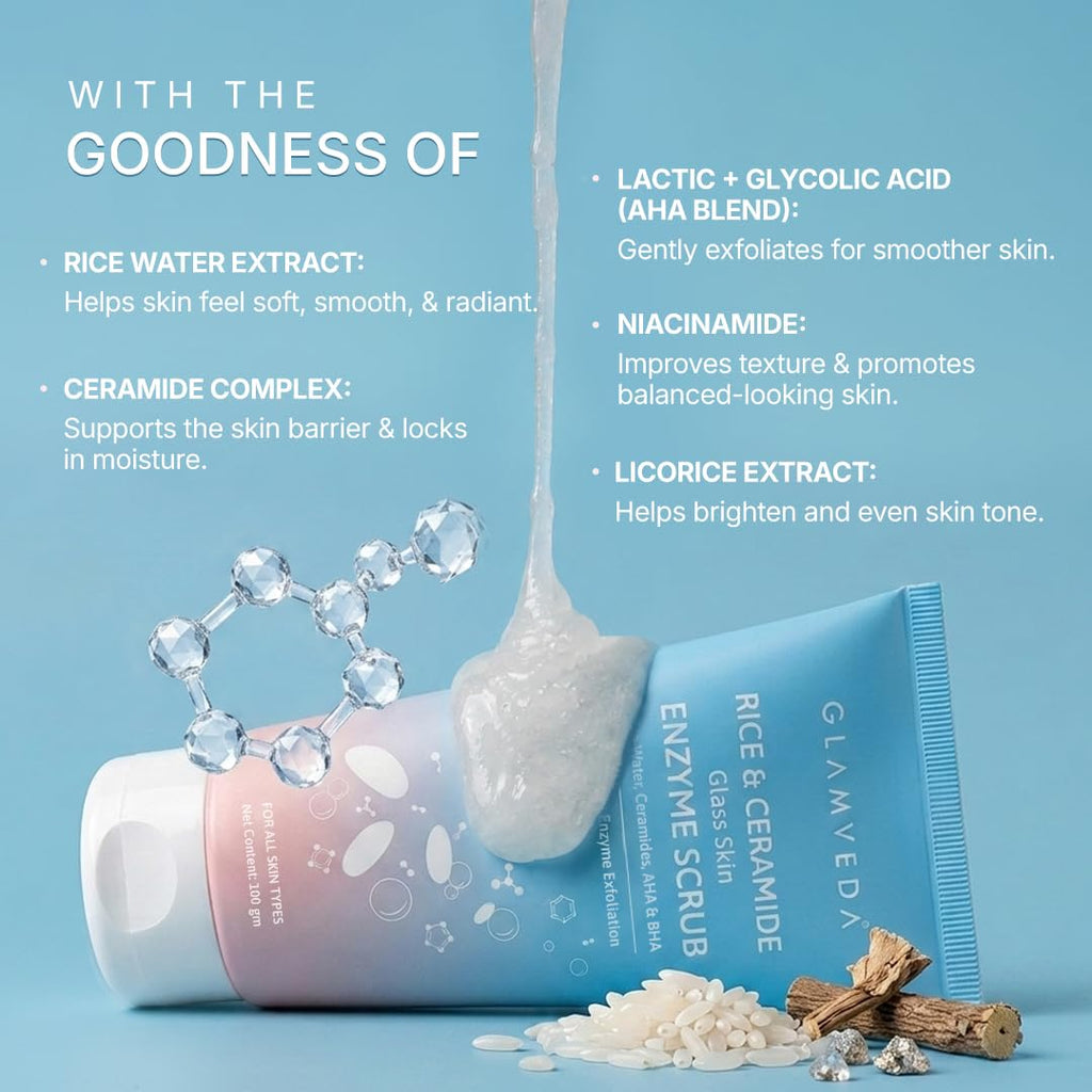 Glamveda Korean Rice & Ceramide Enzyme Scrub for Face | Gentle Daily Exfoliator with Rice Water, Lactic & Glycolic Acid, Niacinamide | Removes Dead Skin, Smoothens Texture & Boosts Glow | Face Scrub For Glowing Skin |100 gm