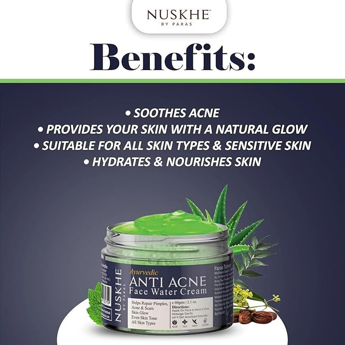 Nuskhe by Paras Anti-Acne Water Cream (Gel) for Men and Women - 60 gms